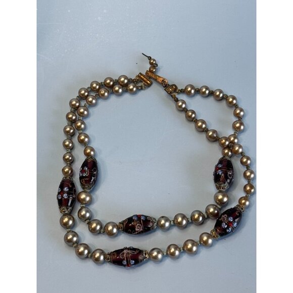 Vintage Japan Cultured Pearl Necklace With Glass Lampwork Beads 16" Elegant Jewe - Picture 6 of 11